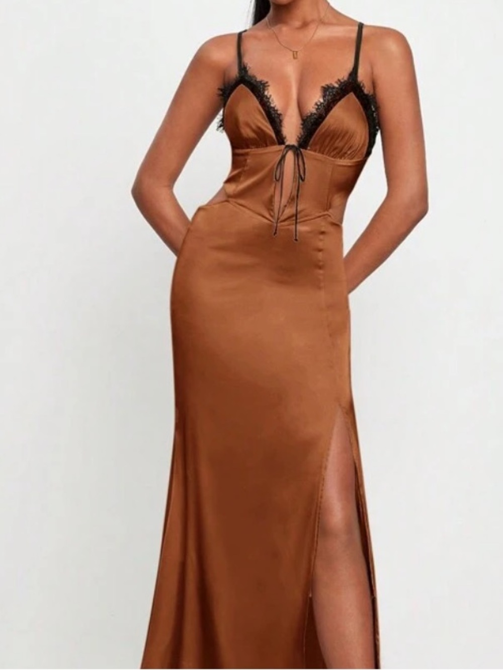 Satin Lace-Trim Slip Dress in Copper - Picture 6 of 6